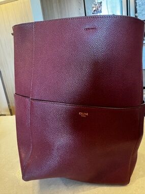 Celine Pebbled Leather Tote in Burgundy